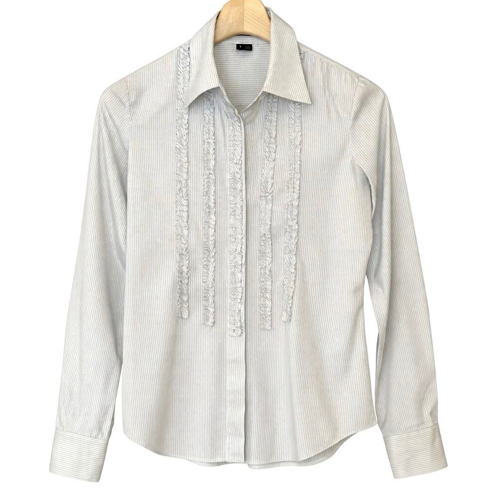 Theory Pinstripe Ruffle Tuxedo Button Down Shirt Gray Black Size Small